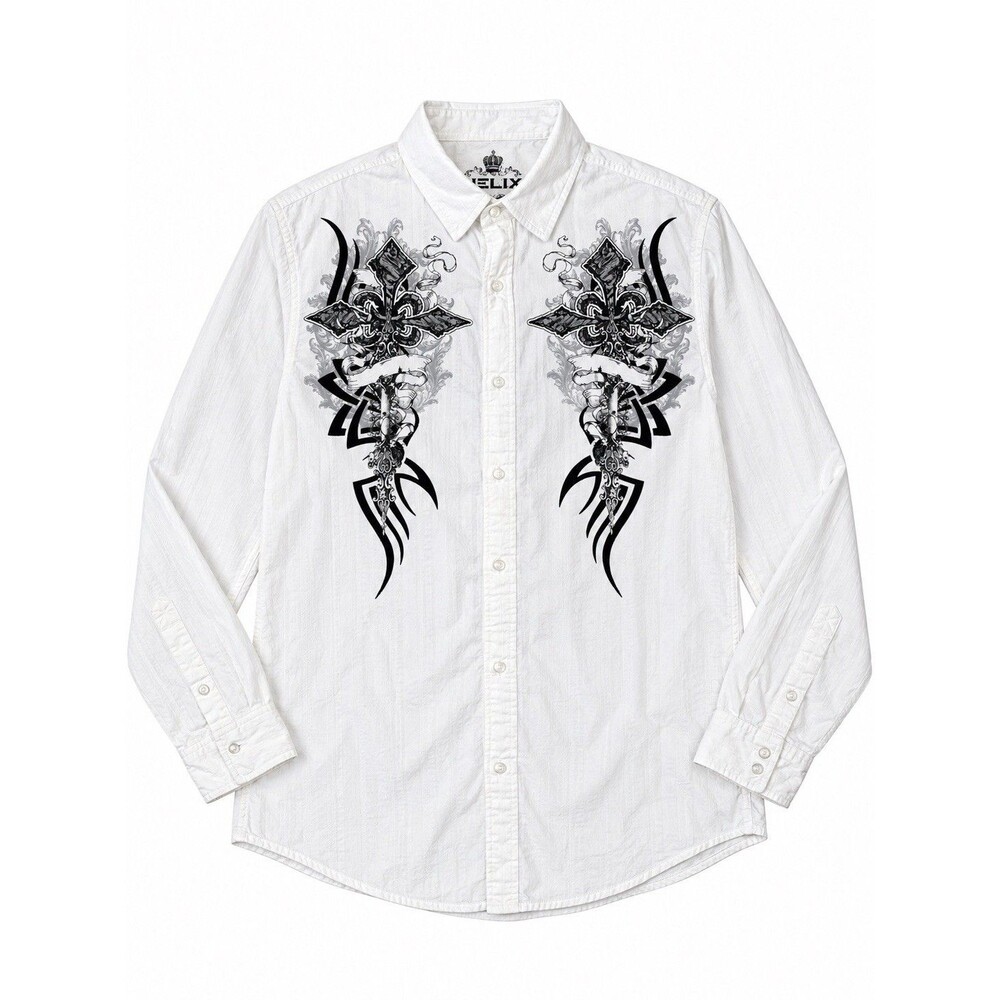 Helix Men’s XXL White Cotton Button Up Shirt Gothic Cross Angel Wings Y2K Grunge